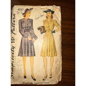 Vintage 1940s Simplicity 4037 Dress Sewing Pattern Size 18 Bust 36 Shirtwaist